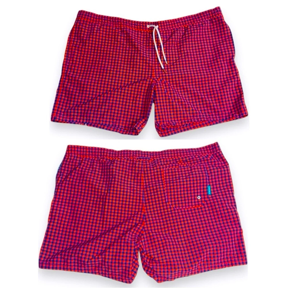 BONOBOS Mens Red & Navy Blue Plaid Check Swim Shorts Trunks